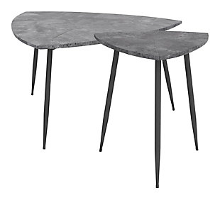 Streamlined and refined, this cute and fun table set is the perfect fit for any mid-century modern space. The tabletop is made of durable laminate with a granite print, while the black powdercoat legs add a handsome contrast to the design. These tables complement any dining, work or open-plan space.Set of 2 | Made of engineered wood, laminate and powdercoat steel | Gray faux granite laminate tabletop | Steel legs with black finish | Assembly required; tools and hardware included