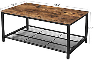 With its rustic brown surface and black iron legs, this coffee table goes well with a black leather sofa set, a beige fabric couch, or even 2 stylish tub armchairs41.4”L x 23.6”W surface | 4 adjustable feet | Engineered wood and robust iron | Assembly required