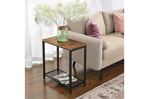 Thanks to the manageable number of individual parts and the easy to understand instructions, this side table is easy to assemble. In just a few steps, you have a stable metal and wood mix to fall in love withSlim dimensions | Equipped with adjustable feet | Rustic brown board and black metal frame | Assembly required