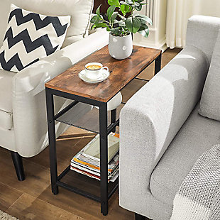 Industrial vibes make the mojo in this end table. The rustic surface, linear legs, and mesh shelves form the table’s sleek profile and contribute to its industrial charm. Not under- or overdressed, industrial style is just rightDense mesh shelves | Narrow, slim profile | Rustic brown board and black metal frame | Assembly required