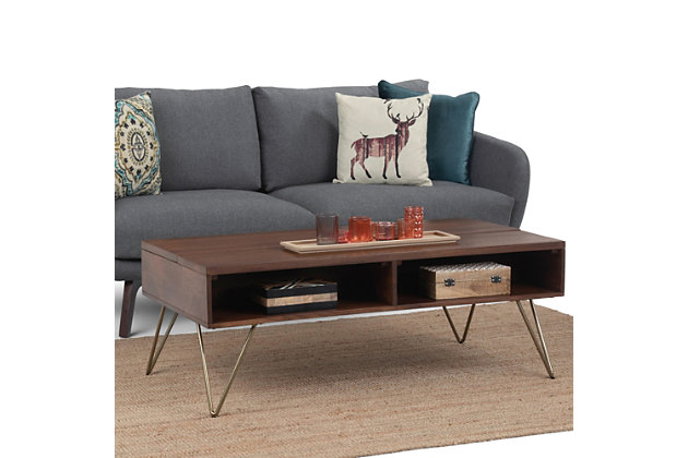 Style and convenience are at work in the uniquely functional Hunter square lift-top coffee table. The top lifts to reveal hidden storage, pulling toward you for the perfect surface to type on your laptop or eat in front of the television. This table features two open compartments for stacking books or displaying decorative objects. Black iron hairpin legs, along with the naturally finished mango wood, add an industrial component.Dimensions: 24"D x 48" W x 22.2"H | Handcrafted using the finest quality solid Mango Hardwood | Hand-finished with a Umber Brown stain and a protective NC lacquer to accentuate and highlight the grain and the uniqueness of each piece of furniture | Multipurpose table with storage can be used as coffee or cocktail table. Looks great in your living room, great room, condo, family room or den | Features split lift up top with large storage area and two (2) open compartments for plenty of storage | Industrial  design includes four (4) gold iron hairpin legs | Assembly required | We believe in creating excellent, high quality products made from the finest materials at an affordable price. Every one of our products come with a 1-year warranty and easy returns if you are not satisfied.