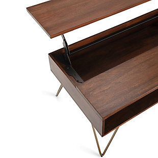Style and convenience are at work in the uniquely functional Hunter square lift-top coffee table. The top lifts to reveal hidden storage, pulling toward you for the perfect surface to type on your laptop or eat in front of the television. This table features two open compartments for stacking books or displaying decorative objects. Black iron hairpin legs, along with the naturally finished mango wood, add an industrial component.Dimensions: 24"D x 48" W x 22.2"H | Handcrafted using the finest quality solid Mango Hardwood | Hand-finished with a Umber Brown stain and a protective NC lacquer to accentuate and highlight the grain and the uniqueness of each piece of furniture | Multipurpose table with storage can be used as coffee or cocktail table. Looks great in your living room, great room, condo, family room or den | Features split lift up top with large storage area and two (2) open compartments for plenty of storage | Industrial  design includes four (4) gold iron hairpin legs | Assembly required | We believe in creating excellent, high quality products made from the finest materials at an affordable price. Every one of our products come with a 1-year warranty and easy returns if you are not satisfied.