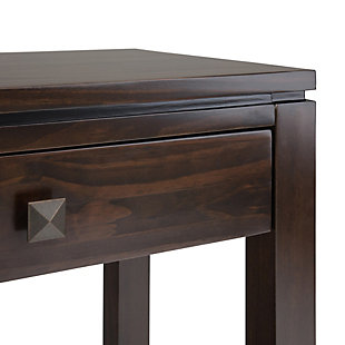 Perfect as an entryway table, sofa table or hallway table, the Cosmopolitan wide console table is multipurpose and multifunctional. It features three large drawers providing ample storage space. This wood table is handcrafted with a floating square-edged top and elegant square tapered legs.Made of pine wood and plastic tubes | Removable, non-woven fabric bin drawer | Display shelf | Easy assembly | Imported | Spot clean only