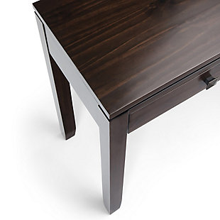 Perfect as an entryway table, sofa table or hallway table, the Cosmopolitan wide console table is multipurpose and multifunctional. It features three large drawers providing ample storage space. This wood table is handcrafted with a floating square-edged top and elegant square tapered legs.Made of pine wood and plastic tubes | Removable, non-woven fabric bin drawer | Display shelf | Easy assembly | Imported | Spot clean only
