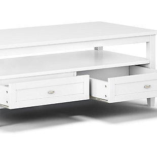 Sometimes you want to be noticed, and sometimes you need to keep a low profile. Keeping this in mind, this Shaker-style coffee table was designed to fit easily in your space and turn heads at the same time. Two bottom drawers open to provide ample storage options for remote controls, magazines and the like while leaving the table surface clutter-free. The open shelf provides additional storage.Dimensions: 22"D x 48" W x 18"H | Handcrafted with care using the finest quality solid wood | Hand-finished in White with a protective NC lacquer | Multipurpose table with storage can be used as coffee or cocktail table. Looks great in your living room, great room, condo, family room or den | Features two bottom drawers with metal drawer glides and large open shelf for plenty of storage | Transitional design includes shaker style drawer fronts, Antique Brass knobs, square tapered legs and square edged table top | Assembly required | We believe in creating excellent, high quality products made from the finest materials at an affordable price. Every one of our products come with a 1-year warranty and easy returns if you are not satisfied.