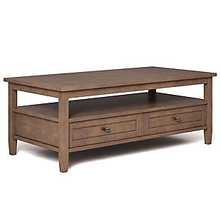 Sometimes you want to be noticed, and sometimes you need to keep a low profile. Keeping this in mind, this Shaker-style coffee table was designed to fit easily in your space and turn heads at the same time. Two bottom drawers open to provide ample storage options for remote controls, magazines and the like while leaving the table surface clutter-free. The open shelf provides additional storage.Dimensions: 22"D x 48" W x 18"H | Handcrafted with care using the finest quality solid wood | Hand-finished with a Rustic Natural Aged Brown stain and protective NC lacquer to accentuate and highlight the grain and the uniqueness of each piece of furniture | Multipurpose table with storage can be used as coffee or cocktail table. Looks great in your living room, great room, condo, family room or den | Features two bottom drawers with metal drawer glides and large open shelf for plenty of storage | Transitional design includes shaker style drawer fronts, Antique Brass knobs, square tapered legs and square edged table top | Assembly required | We believe in creating excellent, high quality products made from the finest materials at an affordable price. Every one of our products come with a 1-year warranty and easy returns if you are not satisfied.