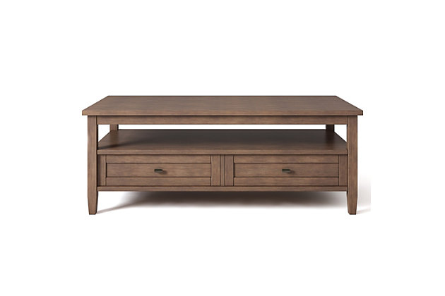 Sometimes you want to be noticed, and sometimes you need to keep a low profile. Keeping this in mind, this Shaker-style coffee table was designed to fit easily in your space and turn heads at the same time. Two bottom drawers open to provide ample storage options for remote controls, magazines and the like while leaving the table surface clutter-free. The open shelf provides additional storage.Dimensions: 22"D x 48" W x 18"H | Handcrafted with care using the finest quality solid wood | Hand-finished with a Rustic Natural Aged Brown stain and protective NC lacquer to accentuate and highlight the grain and the uniqueness of each piece of furniture | Multipurpose table with storage can be used as coffee or cocktail table. Looks great in your living room, great room, condo, family room or den | Features two bottom drawers with metal drawer glides and large open shelf for plenty of storage | Transitional design includes shaker style drawer fronts, Antique Brass knobs, square tapered legs and square edged table top | Assembly required | We believe in creating excellent, high quality products made from the finest materials at an affordable price. Every one of our products come with a 1-year warranty and easy returns if you are not satisfied.
