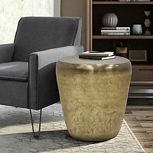 Add a distinctive finishing touch to your favorite seating space with the Garvy side table, handcrafted from metal. Showcasing a drum silhouette, this table's clean lines add visual appeal to your decor. Play up its versatility by placing it in your living room, den or bedroom.Dimensions: 20" W x 20" D x 22" H | Handcrafted with care using premium solid metal | Hand finished in an antique gold | Multipurpose table can be used as an end table or side table. Looks great in your living room, great room, condo, bedroom or office | Industrial design features popular drum shape | Fully assembled | We believe in creating excellent, high quality products made from the finest materials at an affordable price. Every one of our products come with a 1-year warranty and easy returns if you are not satisfied.