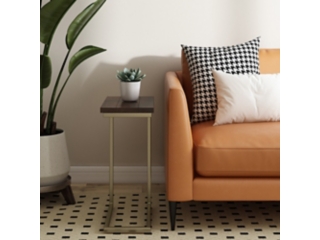 Skyler SOLID MANGO WOOD and Metal 18 inch Wide Rectangle Industrial C Side Table in Dark Brown and Gold, Fully Assembled