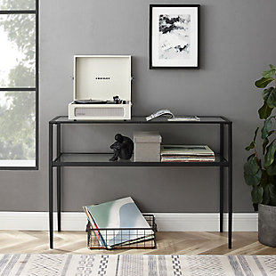 Featuring clean lines, the ashton console table is sleek and space-conscious. A tempered glass tabletop and shelf provide space for storage and display without eating up visual real estate. A great place for books or house plants, this console table is a fantastic addition to your entryway or living room.Made of steel | Matte black finish | Tempered glass top and shelf | Tabletop and shelf weight capacity 15 lbs. Each | Tapered legs | Transitional design | Can be used in an entryway, living room or home office | Assembly required