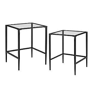 Bring extra table space to any room with the ashton two-piece nesting table set. Tempered glass tabletops offer space for a lamp, pictures or plants without eating up visual real estate. The tables have sturdy steel frames that tuck neatly together when not in use. Whether placed at your bedside or used as end tables in your living room, these nesting tables offer adaptable functionality wherever they go.Made of steel | Matte black finish | Tempered glass top | Tapered legs | Smaller table tucks neatly under larger table | Transitional design | Can be used in a living room, entryway or bedroom | Assembly required