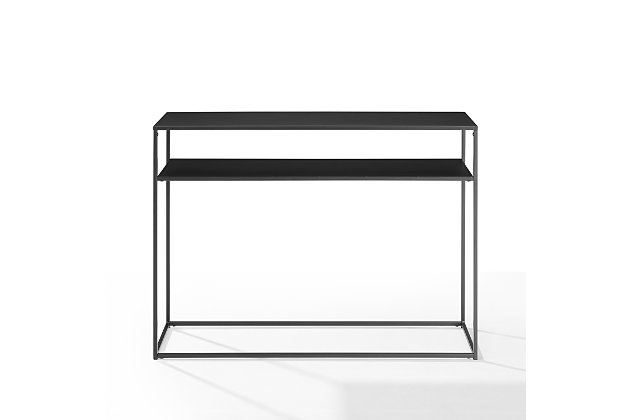 Simple and streamlined, the braxton console table is an ideal addition to your entryway or living room. With clean lines and sturdy steel construction, it offers storage and display space without overwhelming your space. The perfect spot for your favorite books or house plants, this table's slim frame blends seamlessly with your home's decor.Made of steel | Matte black finish | Tabletop and shelf weight capacity 25 lbs. | Modern design | Streamlined space-saving footprint | Modular design allows multiple units to be paired together | Assembly required