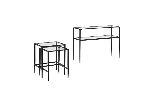 Add storage and display space to any room with the ashton three-piece occasional table set. With a console table and two nesting tables, this set’s tempered glass tabletops and slim metal frames have a sleek profile. Offering display space or a spot to place your drink, they tuck neatly together when not in use. The console table can be placed behind a sofa or in your entryway for added storage. Simple and stylish, this occasional set is a perfect addition to your home.Made of steel; matte black finish | Tempered glass tabletops; tempered glass shelf on console table | Tabletops and console shelf weight capacity 15 lbs. Each | Smaller nesting table tucks neatly beneath the larger table | Tapered legs | Can be used in a living room, entryway or bedroom | Traditional design | Assembly required