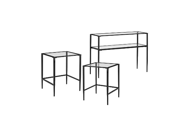 Add storage and display space to any room with the ashton three-piece occasional table set. With a console table and two nesting tables, this set’s tempered glass tabletops and slim metal frames have a sleek profile. Offering display space or a spot to place your drink, they tuck neatly together when not in use. The console table can be placed behind a sofa or in your entryway for added storage. Simple and stylish, this occasional set is a perfect addition to your home.Made of steel; matte black finish | Tempered glass tabletops; tempered glass shelf on console table | Tabletops and console shelf weight capacity 15 lbs. Each | Smaller nesting table tucks neatly beneath the larger table | Tapered legs | Can be used in a living room, entryway or bedroom | Traditional design | Assembly required