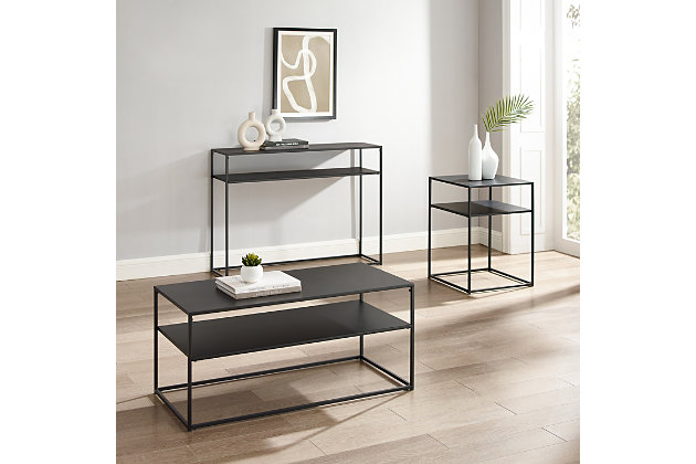 Simple and streamlined, the braxton three-piece coffee table set is an ideal addition to your living room. With slim frames and sturdy steel construction, each table blends seamlessly with your home decor. Featuring a coffee table, end table and console table, this set offers display space and storage without overwhelming your room.Made of steel; matte black finish | Streamlined space-saving footprint | Modern design | Weight capacity per shelf: coffee table, 50 lbs.; console table, 25 lbs.; end table, 15 lbs. | Assembly required