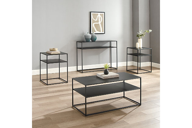 Simple and streamlined, the braxton four-piece coffee table set is an ideal addition to your living room. With slim frames and sturdy steel construction, each table blends seamlessly with your home decor. Featuring a coffee table, two end tables, and a console table, this set offers display space and storage without overwhelming your room.Made of steel; matte black finish | Streamlined space-saving footprint | Modern design | Weight capacity per shelf: coffee table, 50 lbs.; console table, 25 lbs.; end tables 15 lbs. Each | Assembly required