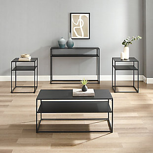 Simple and streamlined, the braxton four-piece coffee table set is an ideal addition to your living room. With slim frames and sturdy steel construction, each table blends seamlessly with your home decor. Featuring a coffee table, two end tables, and a console table, this set offers display space and storage without overwhelming your room.Made of steel; matte black finish | Streamlined space-saving footprint | Modern design | Weight capacity per shelf: coffee table, 50 lbs.; console table, 25 lbs.; end tables 15 lbs. Each | Assembly required