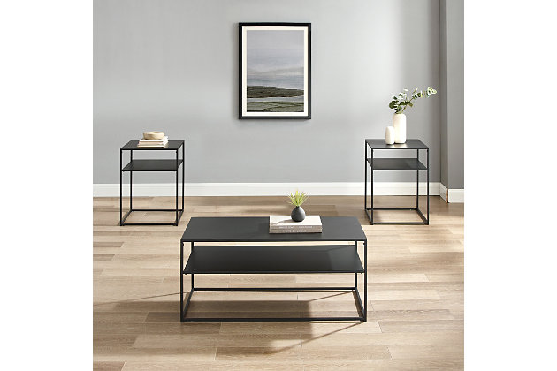 Simple and streamlined, the braxton three-piece coffee table set is an ideal addition to your living room. With slim frames and sturdy steel construction, each table blends seamlessly with your home decor. Featuring a coffee table and two end tables, this set offers display space and storage without overwhelming your room.Made of steel; matte black finish | Streamlined space-saving footprint | Modern design | Weight capacity per shelf: coffee table 50 lbs.; end table 15 lbs. | Assembly required
