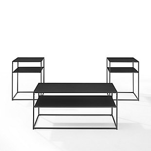 Simple and streamlined, the braxton three-piece coffee table set is an ideal addition to your living room. With slim frames and sturdy steel construction, each table blends seamlessly with your home decor. Featuring a coffee table and two end tables, this set offers display space and storage without overwhelming your room.Made of steel; matte black finish | Streamlined space-saving footprint | Modern design | Weight capacity per shelf: coffee table 50 lbs.; end table 15 lbs. | Assembly required