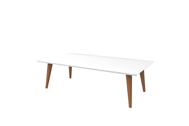The Utopia low rectangle end table is the right blend of quality craftsmanship, style and functionality. It features mid-century design, splayed wooden legs and a lacquered rectangular top. Perfect for displaying favorite books, magazines or floral arrangements, the table is bound to brighten up any space or decor.Rectangle-shaped top | Lacquered top | White gloss finish | Splayed legs made from solid wood | Made with engineered wood | Assembly required