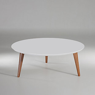 The perfect coffee table has arrived. The bold, expertly crafted and transformative Moore coffee table will completely revamp your living space in the most elegant and subtle way. Splayed legs and a glossy finish add design intrigue and make this a coffee table you’ll enjoy for years to come.Rounded top | Geometric 3-leg base design | Solid wood splayed legs | Glossy white finish | Made with engineered wood and wood | Assembly required