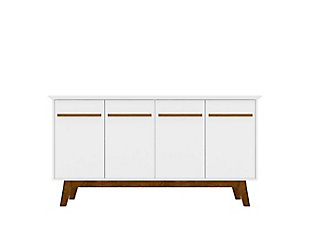Update your dining area or living space and entertain in style with the Yonkers sideboard, which acts as a buffet and storage center. It's the perfect blend of mid-century design and modern functionality. Cabinet-style doors with a soft-close feature offer ample space for tucking away dishes, tablecloths and dinnerware to host the ultimate dinner parties. Add decorative items to its smooth base to personalize the piece and make it your own. Beautiful craftsmanship and intricate detailing shine with the sideboard's durable splayed wood legs, beveled top and sleek handles.Accommodates most flat-panel TVs up to 60" | Includes 2 cabinets | 4 cubby spaces with 1 removable shelf option on right side | White finish | Made with engineered wood | Assembly required