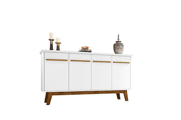 Update your dining area or living space and entertain in style with the Yonkers sideboard, which acts as a buffet and storage center. It's the perfect blend of mid-century design and modern functionality. Cabinet-style doors with a soft-close feature offer ample space for tucking away dishes, tablecloths and dinnerware to host the ultimate dinner parties. Add decorative items to its smooth base to personalize the piece and make it your own. Beautiful craftsmanship and intricate detailing shine with the sideboard's durable splayed wood legs, beveled top and sleek handles.Accommodates most flat-panel TVs up to 60" | Includes 2 cabinets | 4 cubby spaces with 1 removable shelf option on right side | White finish | Made with engineered wood | Assembly required