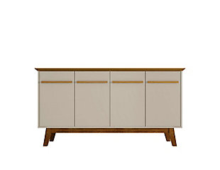 Update your dining area or living space and entertain in style with the Yonkers sideboard, which acts as a buffet and storage center. It's the perfect blend of mid-century design and modern functionality. Cabinet-style doors with a soft-close feature offer ample space for tucking away dishes, tablecloths and dinnerware to host the ultimate dinner parties. Add decorative items to its smooth base to personalize the piece and make it your own. Beautiful craftsmanship and intricate detailing shine with the sideboard's durable splayed wood legs, beveled top and sleek handles.Accommodates most flat-panel TVs up to 60" | Includes 2 cabinets | 4 cubby spaces with 1 removable shelf option on right side | Off-white and cinnamon finish | Made with engineered wood | Assembly required