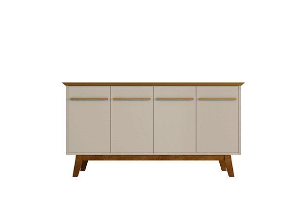 Update your dining area or living space and entertain in style with the Yonkers sideboard, which acts as a buffet and storage center. It's the perfect blend of mid-century design and modern functionality. Cabinet-style doors with a soft-close feature offer ample space for tucking away dishes, tablecloths and dinnerware to host the ultimate dinner parties. Add decorative items to its smooth base to personalize the piece and make it your own. Beautiful craftsmanship and intricate detailing shine with the sideboard's durable splayed wood legs, beveled top and sleek handles.Accommodates most flat-panel TVs up to 60" | Includes 2 cabinets | 4 cubby spaces with 1 removable shelf option on right side | Off-white and cinnamon finish | Made with engineered wood | Assembly required