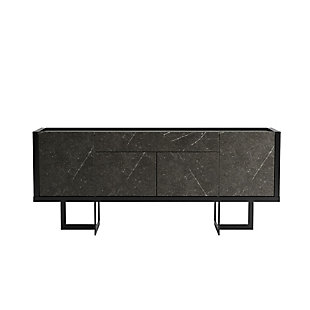 With its modern silhouette and contemporary style, the Celine sideboard is a fresh, unconventional take on the classic buffet. Built to last with functionality in mind, the sideboard includes concealed storage space with a pair of cabinets flanking each side, a center cubby and a top drawer perfect for tucking kitchenware. Serving trays and candlesticks can rest up top before the guests arrive, while decorative accents and family photos can sit on display when the entertaining stops.Accommodates most flat-panel tvs up to 65" | Includes 3 concealed cubby spaces and 1 drawer | Top board designed with dip tray style | Black and black marble finish | Made with engineered wood and metal | Assembly required