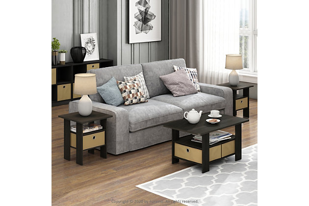Furinno Home Living Sets comprises of Coffee table, end table, TV entertainment stands, and storage cabinets. The home living set comes in two color options - espresso and steam beech. These models are designed to fit in your space, style and fit on your budget. The main material, medium density composite wood, is made from recycled materials of rubber trees. All the materials are manufactured in Malaysia and comply with the green rules of production. There is no foul smell, durable and the material is the most stable amongst the medium density composite woods. A simple attitude towards lifestyle is reflected directly on the design of Furinno Furniture, creating a trend of simply nature. All the products are produced and packed 100-percent in Malaysia with 90% - 95% recycled materials. Care instructions: wipe clean with clean damped cloth. Avoid using harsh chemicals. Pictures are for illustration purpose. All decor items are not included in this offer.Compact stylish design: petite size coffee table with storage bin and shelf, suitable for small spaces | Quality material: high quality medium density composite wood and non-woven fabric. | Added safety feature: rounded corner reduces the risk of injury | Furinno fits: fits in your space, fits on your budget | Product dimension: 31.5(w)x18.9(d)x15.6(h) inches. Tabletop holds up to 25 lbs.