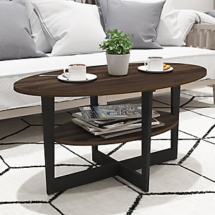 Furinno 15020WN Oval Coffee Table is a great fit for your modern simple lifestyle. The beautiful dark walnut color fits any room in your home. Large tabletop provides plenty of space and the built in shelf creates additional storage and display for your handy needs. There is a matching end table Furinno 15019WN to complete the look. It is easy to assemble, space saving and sturdy. The main material - medium density composite wood is manufactured in Malaysia and complied with the green rules of production. There is no foul smell, durable and the material is the most stable amongst the medium density composite woods.A simple attitude towards lifestyle is reflected directly on the design of Furinno Furniture, creating a trend of simply nature. All the products are produced and assembled 100-percent in Malaysia with 95% - 100% recycled materials. Care instructions: wipe clean with clean damped cloth. Avoid using harsh chemicals. Pictures are for illustration purpose. All decor items are not included in this offer.Simple stylish design. Features open shelf for display and storage of your handy needs. | Material: manufactured from carb grade composite wood. | Fits in your space, fits on your budget. Matching end table: furinno 15019wn | Sturdy on flat surface. Easy assembly with instruction and hardware provided. | Product dimension: 35.43(w)x16.49(h)x19.69(d) inches. | Rounded edge design prevents potential injuries.