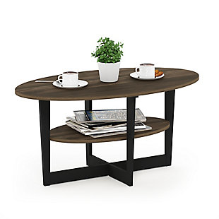 Furinno 15020WN Oval Coffee Table is a great fit for your modern simple lifestyle. The beautiful dark walnut color fits any room in your home. Large tabletop provides plenty of space and the built in shelf creates additional storage and display for your handy needs. There is a matching end table Furinno 15019WN to complete the look. It is easy to assemble, space saving and sturdy. The main material - medium density composite wood is manufactured in Malaysia and complied with the green rules of production. There is no foul smell, durable and the material is the most stable amongst the medium density composite woods.A simple attitude towards lifestyle is reflected directly on the design of Furinno Furniture, creating a trend of simply nature. All the products are produced and assembled 100-percent in Malaysia with 95% - 100% recycled materials. Care instructions: wipe clean with clean damped cloth. Avoid using harsh chemicals. Pictures are for illustration purpose. All decor items are not included in this offer.Simple stylish design. Features open shelf for display and storage of your handy needs. | Material: manufactured from carb grade composite wood. | Fits in your space, fits on your budget. Matching end table: furinno 15019wn | Sturdy on flat surface. Easy assembly with instruction and hardware provided. | Product dimension: 35.43(w)x16.49(h)x19.69(d) inches. | Rounded edge design prevents potential injuries.