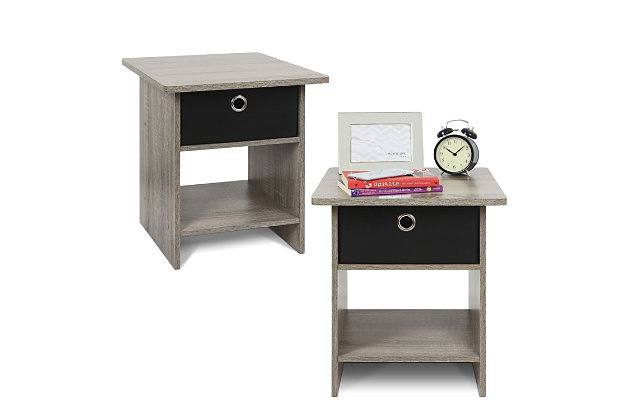 Sofa-side style starts with this essential end table. Just set it in your seating ensemble to tie it all together, and then add a sleek silver lamp to make the space shine. A simple attitude towards lifestyle is reflected directly on the design, creating a trend of simply nature. This storage end table is easy assembly with step by step instruction. Care instructions: wipe clean with clean damped cloth. Avoid using harsh chemicals. Pictures are for illustration purpose. All decor items are not included in this offer.Compact stylish design: 2 petite size end tables with storage bin and shelf, suitable for small spaces | Quality material: high quality medium density composite wood and non-woven fabric. | Added safety feature: rounded corner reduces the risk of injury | Furinno fits: fits in your space, fits on your budget | Product dimension: 15.5(w)x15.5(d)x17.8(h) inches. Tabletop holds up to 15 lbs