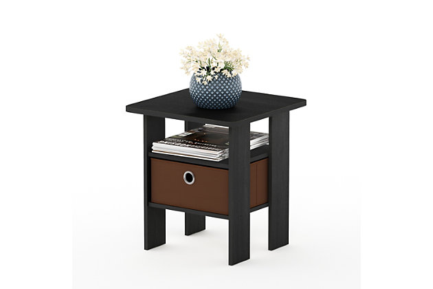 Create the prefect living room space with this Furinno End Table with Bin. This end table will sit perfectly next to your chair or sofa and both beautiful and functional. Featuring one fabric drawer is perfect for keeping DVDs and remotes corralled, while an open shelf makes a marvelous spot to put a lush potted succulent on display. Rounded edge design prevents potential injuries. This storage end table is easy assembly with step by step instruction. Care instructions: wipe clean with clean damped cloth. Avoid using harsh chemicals. Pictures are for illustration purpose. All decor items are not included in this offer.Compact stylish design: petite size end table with storage bin and shelf, suitable for spaces. | Quality material: high quality density composite wood and non-woven fabric. | Added safety feature: rounded corner reduces the risk of injury. | Furinno fits: fits in your space, fits on your budget. | Product dimension: 15.75(w)x15.75(w)x17.5(h) inches. Tabletop holds up to 15 lbs.