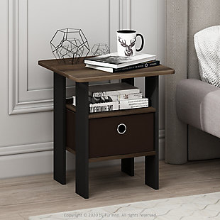 Create the prefect living room space with this Furinno End Table with Bin. This end table will sit perfectly next to your chair or sofa and both beautiful and functional. Featuring one fabric drawer is perfect for keeping DVDs and remotes corralled, while an open shelf makes a marvelous spot to put a lush potted succulent on display. Rounded edge design prevents potential injuries. This storage end table is easy assembly with step by step instruction. Care instructions: wipe clean with clean damped cloth. Avoid using harsh chemicals. Pictures are for illustration purpose. All decor items are not included in this offer.Compact stylish design: petite size end table with storage bin and shelf, suitable for small spaces. | Quality material: high quality medium density composite wood and non-woven fabric. | Added safety feature: rounded corner reduces the risk of injury. | Furinno fits: fits in your space, fits on your budget. | Product dimension: 15.75(w)x15.75(w)x17.5(h) inches. Tabletop holds up to 15 lbs.