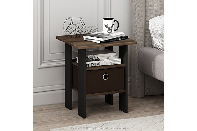 Create the prefect living room space with this Furinno End Table with Bin. This end table will sit perfectly next to your chair or sofa and both beautiful and functional. Featuring one fabric drawer is perfect for keeping DVDs and remotes corralled, while an open shelf makes a marvelous spot to put a lush potted succulent on display. Rounded edge design prevents potential injuries. This storage end table is easy assembly with step by step instruction. Care instructions: wipe clean with clean damped cloth. Avoid using harsh chemicals. Pictures are for illustration purpose. All decor items are not included in this offer.Compact stylish design: petite size end table with storage bin and shelf, suitable for small spaces. | Quality material: high quality medium density composite wood and non-woven fabric. | Added safety feature: rounded corner reduces the risk of injury. | Furinno fits: fits in your space, fits on your budget. | Product dimension: 15.75(w)x15.75(w)x17.5(h) inches. Tabletop holds up to 15 lbs.