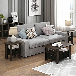 Furinno Simple Design Home Living Sets comprises of Coffee table, end table, TV entertainment stands, and storage cabinets. The home living set comes in multiple color options - espresso, dark brown wood grain and steam beech. These models are designed to fit in your space, style and fit on your budget. The main material, medium density composite wood, is made from recycled materials of rubber trees. All the materials are manufactured in Malaysia and comply with the green rules of production. There is no foul smell, durable and the material is the most stable amongst theSimple stylish design comes in multiple color options functional and suitable for any room. | Material: manufactured from carb grade composite wood, non-woven bins. | Fits in your space, fits on your budget. | Sturdy on flat surface. Some assembly required. Please see instruction. | Product dimension: 15.75(w)x15.75(w)x17.5(h) inches | Rounded edge design prevents potential injuries.