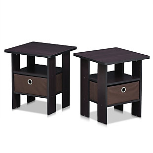 Furinno Petite Espresso Home Living Sets comprises of Coffee table, end table, TV entertainment stands, and storage cabinets. The home living set comes in two color options - espresso and steam beech. These models are designed to fit in your space, style and fit on your budget. The main material, medium density composite wood, is made from recycled materials of rubber trees. All the materials are manufactured in Malaysia and comply with the green rules of production. There is no foul smell, durable and the material is the most stable amongst the medium density composite woods. A simple attitude towards lifestyle is reflected directly on the design of Furinno Furniture, creating a trend of simply nature. All the products are produced and packed 100-percent in Malaysia with 90% - 95% recycled materials. Care instructions: wipe clean with clean damped cloth. Avoid using harsh chemicals. Pictures are for illustration purpose. All decor items are not included in this offer.Simple stylish design comes in set of two, are functional and suitable for any room. | Material: manufactured from carb grade composite wood, non-woven bins. | Fits in your space, fits on your budget. | Sturdy on flat surface. Some assembly required. Please see instruction. | Each product dimension: 15.75(w)x15.75(w)x17.5(h) inches | Rounded edge design prevents potential injuries.