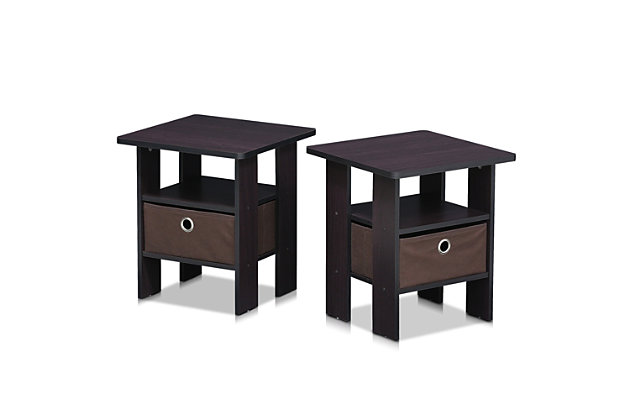 Furinno Petite Espresso Home Living Sets comprises of Coffee table, end table, TV entertainment stands, and storage cabinets. The home living set comes in two color options - espresso and steam beech. These models are designed to fit in your space, style and fit on your budget. The main material, medium density composite wood, is made from recycled materials of rubber trees. All the materials are manufactured in Malaysia and comply with the green rules of production. There is no foul smell, durable and the material is the most stable amongst the medium density composite woods. A simple attitude towards lifestyle is reflected directly on the design of Furinno Furniture, creating a trend of simply nature. All the products are produced and packed 100-percent in Malaysia with 90% - 95% recycled materials. Care instructions: wipe clean with clean damped cloth. Avoid using harsh chemicals. Pictures are for illustration purpose. All decor items are not included in this offer.Simple stylish design comes in set of two, are functional and suitable for any room. | Material: manufactured from carb grade composite wood, non-woven bins. | Fits in your space, fits on your budget. | Sturdy on flat surface. Some assembly required. Please see instruction. | Each product dimension: 15.75(w)x15.75(w)x17.5(h) inches | Rounded edge design prevents potential injuries.