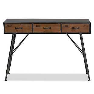 Ariana Industrial Black and Oak Brown Finished Wood 3-Drawer Metal Console Table, , large