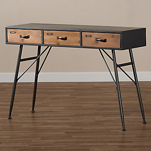 Add an artistic charm to your entryway with the Ariana console table. Made in China, this piece contains three drawers which give plenty of space for keys, mail, or supplies. A rigid frame and crisp angles give the Ariana a sleek design that helps it stand out in busy areas. This piece requires assembly and is supported by thin, angled legs that fit well in tight spaces and allow for additional storage space underneath. Oak Brown finished wood drawer fronts, adorned with black handles, give the Ariana an industrial appeal that adds personality to any entrance.Constructed from MDF wood and metal | Oak finished drawer fronts | Black finished frame | Three (3) drawers
