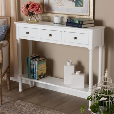 Calvin French Farmhouse White Finished Wood 3-Drawer Entryway Console Table, White, large
