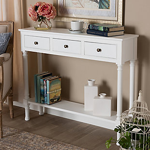 Calvin French Farmhouse White Finished Wood 3-Drawer Entryway Console Table, White, rollover