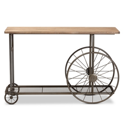 Terence Finished Wood and Black Finished Metal Wheeled Console Table, , large