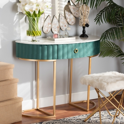 Beale Green Velvet Upholstered and Brushed Gold Finished 1-Drawer Console Table, , large