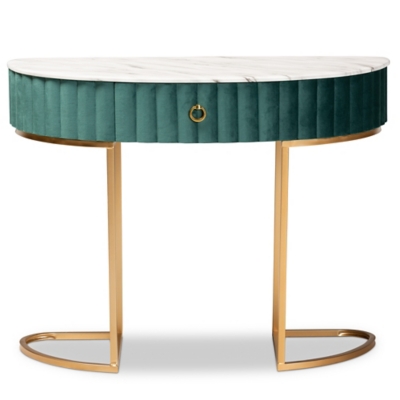 Beale Green Velvet Upholstered and Brushed Gold Finished 1-Drawer Console Table, , large
