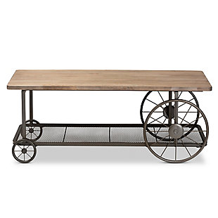 Terence Natural Finished Wood and Black Finished Metal Wheeled Coffee Table, , large