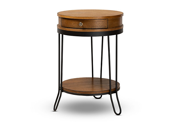 Black Finished 1 Drawer Metal End Table, Round Metal End Table With Drawer