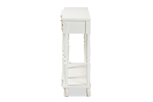 Revitalize your entryway with the elegant and efficient Hallan console table. Made in China, this wood console is equipped with three drawers along with a lower shelf to store mail and display decor. A clean white finish and crisp lines lend a contemporary look, while ring turned legs add traditional appeal. The Hallan requires assembly and is accented with antique gold tone metal drawer pulls for a touch of vintage charm. With plenty of surface area for storage and decorations, the Hallan console table is a fantastic addition to any entryway.Constructed from firwood and engineered wood | White finish | Three (3) drawers | Lower shelf